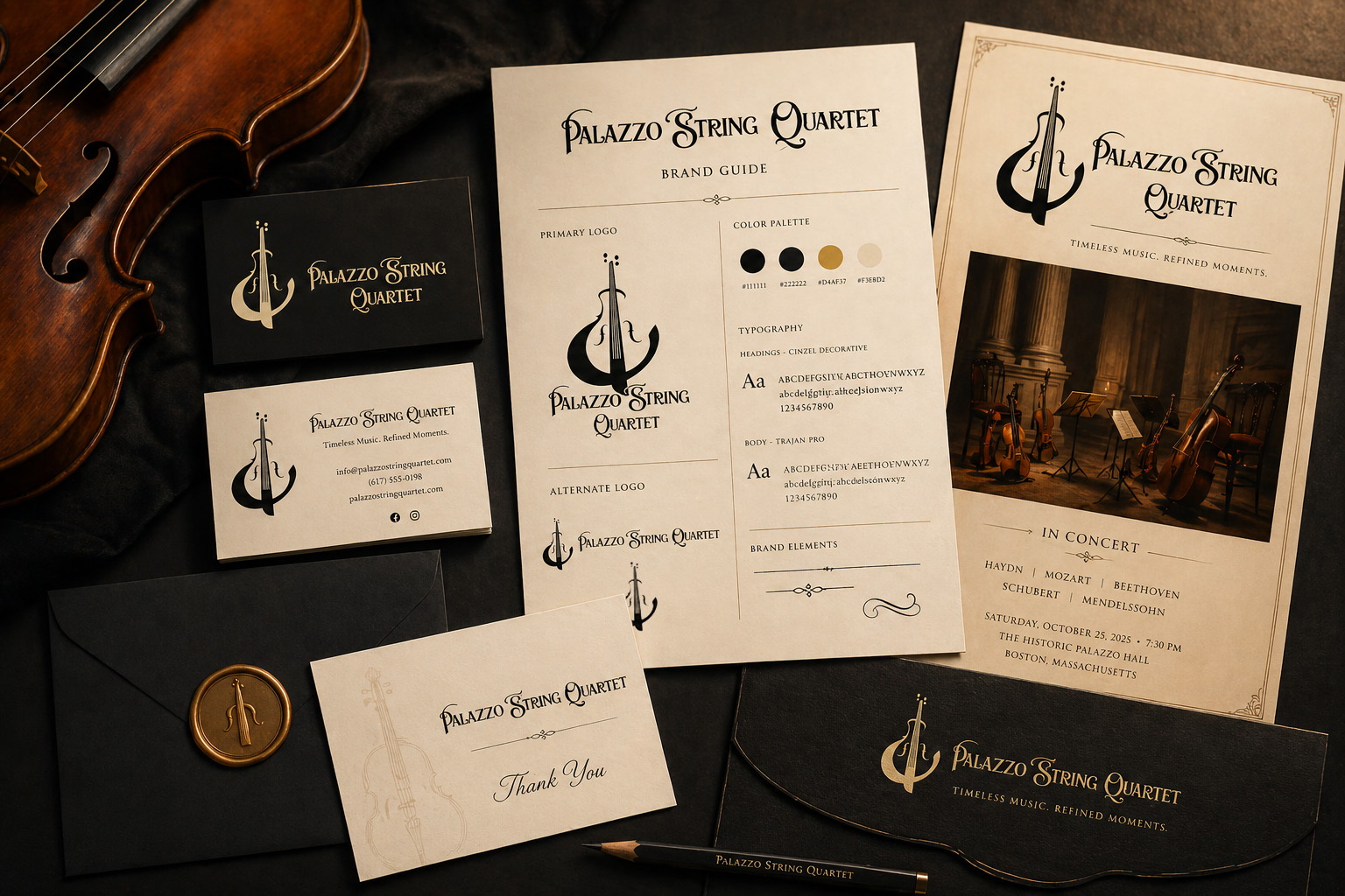 Brand identity and print collateral for Palazzo String Quartet